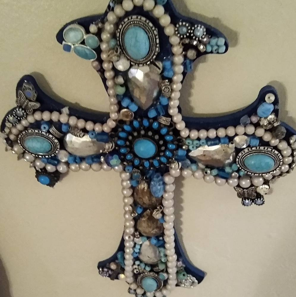 Hand Painted, Hand Beaded, One of a kind Cross, by: Michele's Creations